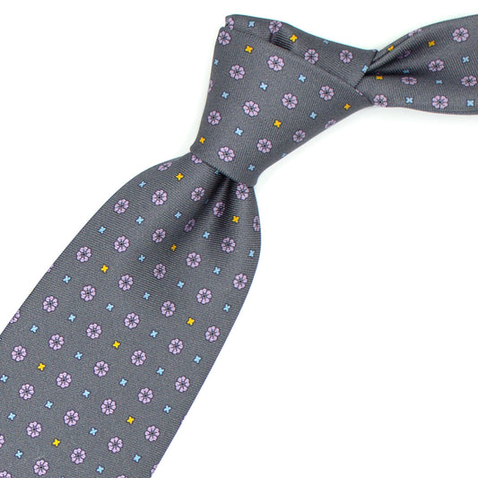 Gray tie with pink, blue and yellow flowers