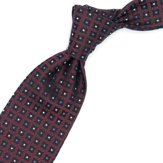 Bordeaux tie with white and blue dots