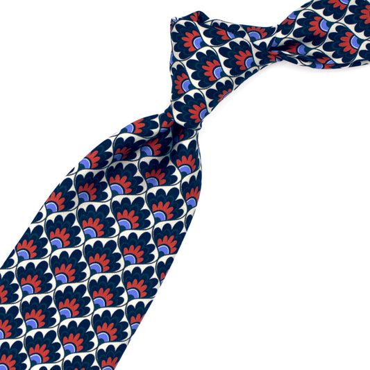 Tie with blue, red and blue floral fan pattern