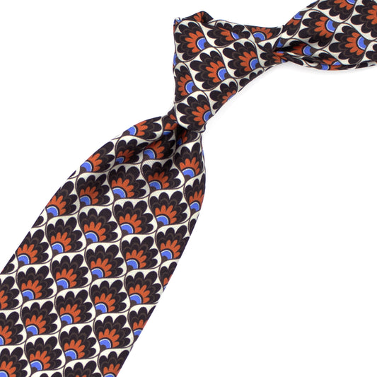 Brown, orange and light blue floral fan pattern tie