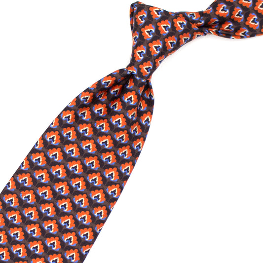 Brown tie with orange, blue and light blue pattern