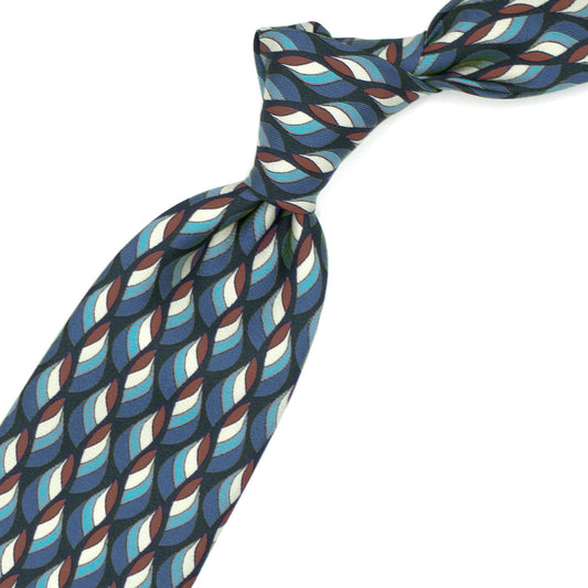 Blue tie with light blue, cream and brown abstract pattern