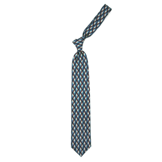 Blue tie with light blue, cream and brown abstract pattern