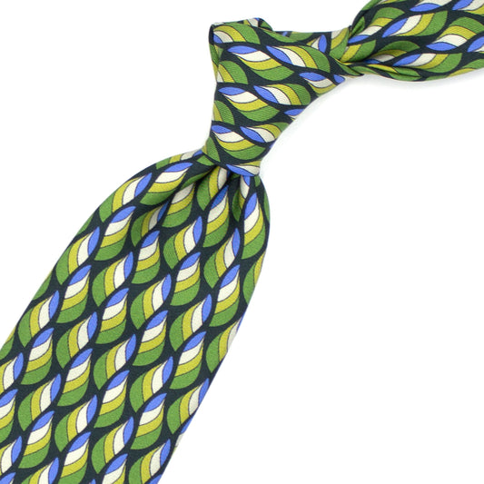 Blue tie with yellow, green, cream and light blue abstract pattern