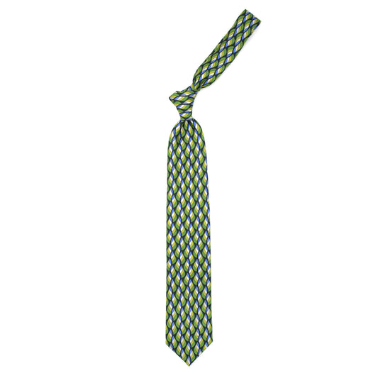 Blue tie with yellow, green, cream and light blue abstract pattern
