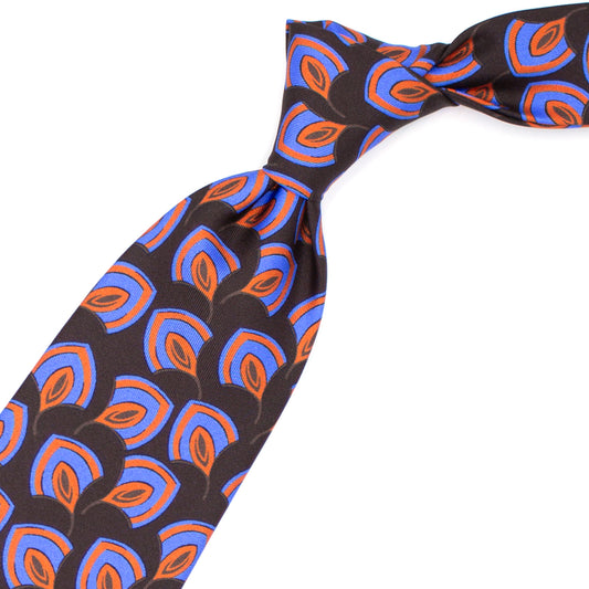 Brown tie with light blue and orange abstract pattern