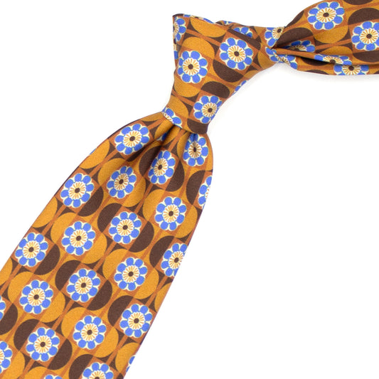 Mustard tie with blue flowers