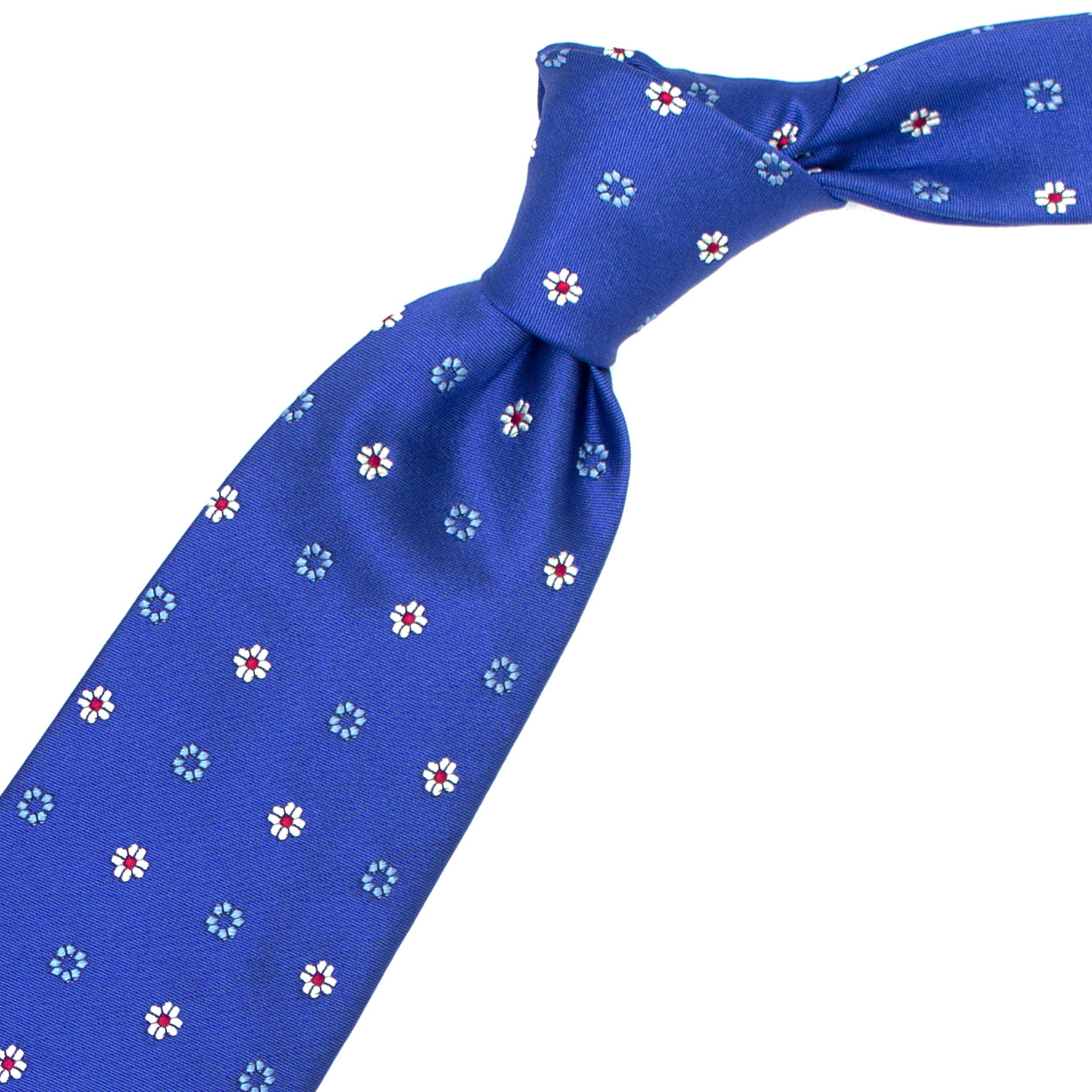 Blue tie with white, red and blue flowers