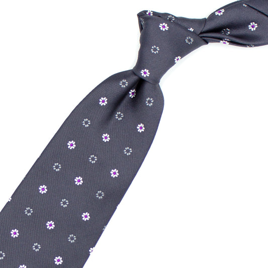 Grey tie with white, grey and purple flowers