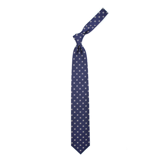 Blue tie with white flowers and brown dots