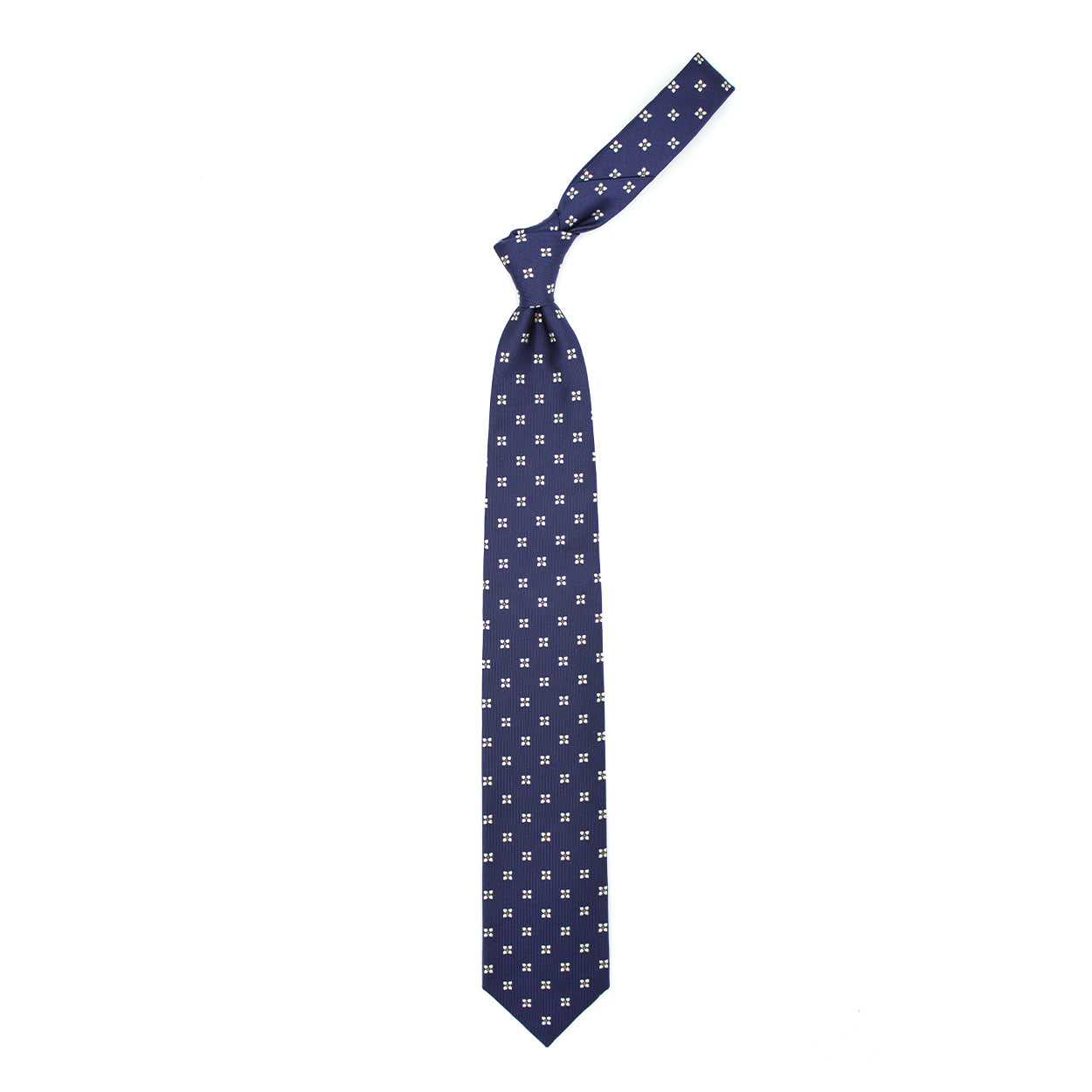 Blue tie with white geometric pattern