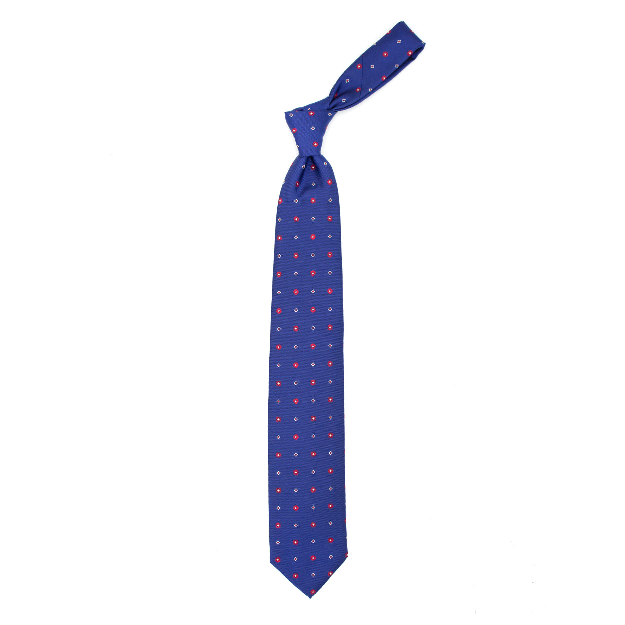 Blue tie with flowers and red and white squares