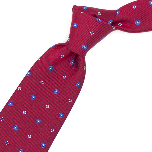Red tie with white and blue flowers