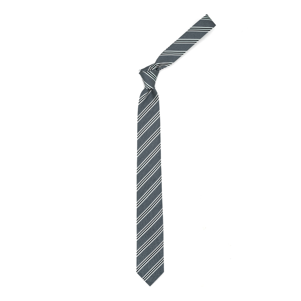 Gray tie with blue and white stripes