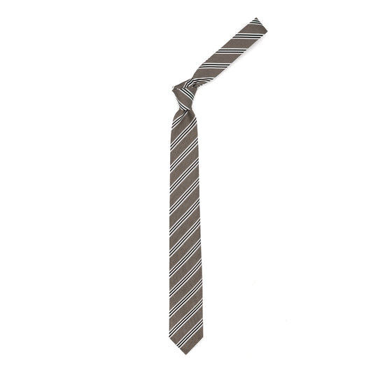 Beige tie with blue and white stripes
