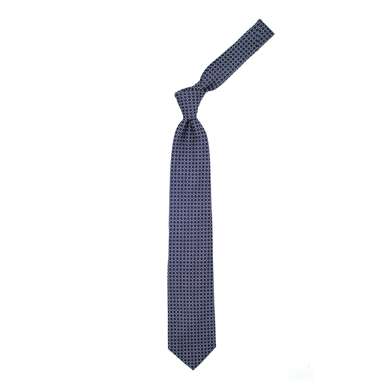 Blue tie with white and light blue geometric pattern