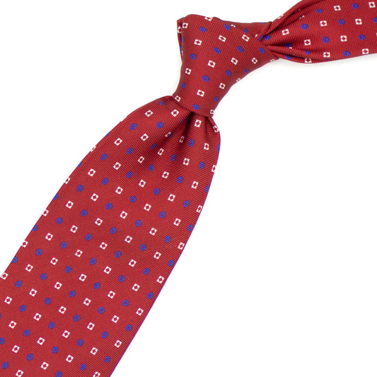 Red tie with white squares and blue flowers