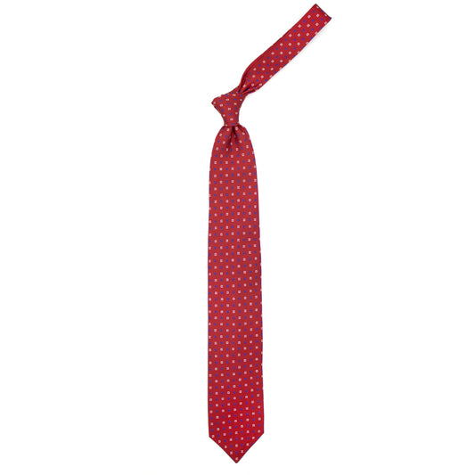 Red tie with white squares and blue flowers