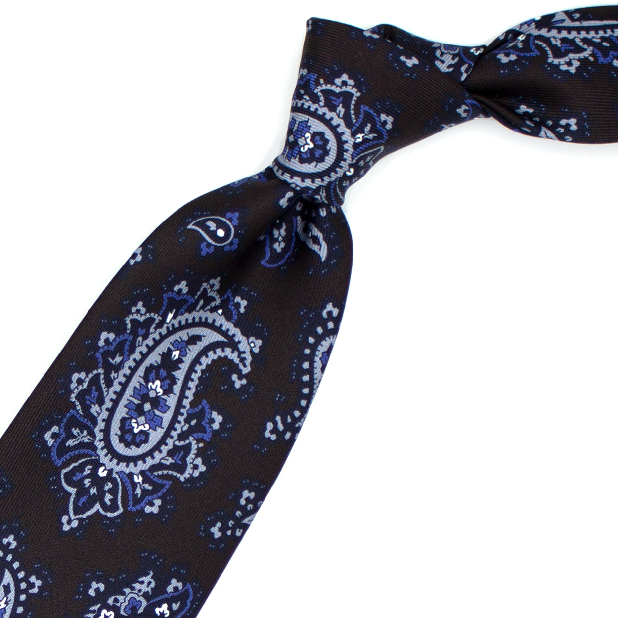 Brown tie with grey, blue and black paisleys
