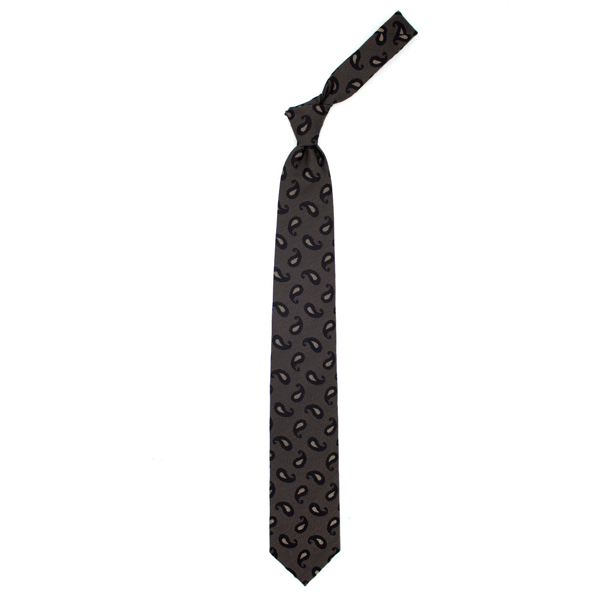 Brown tie with black and beige paisleys