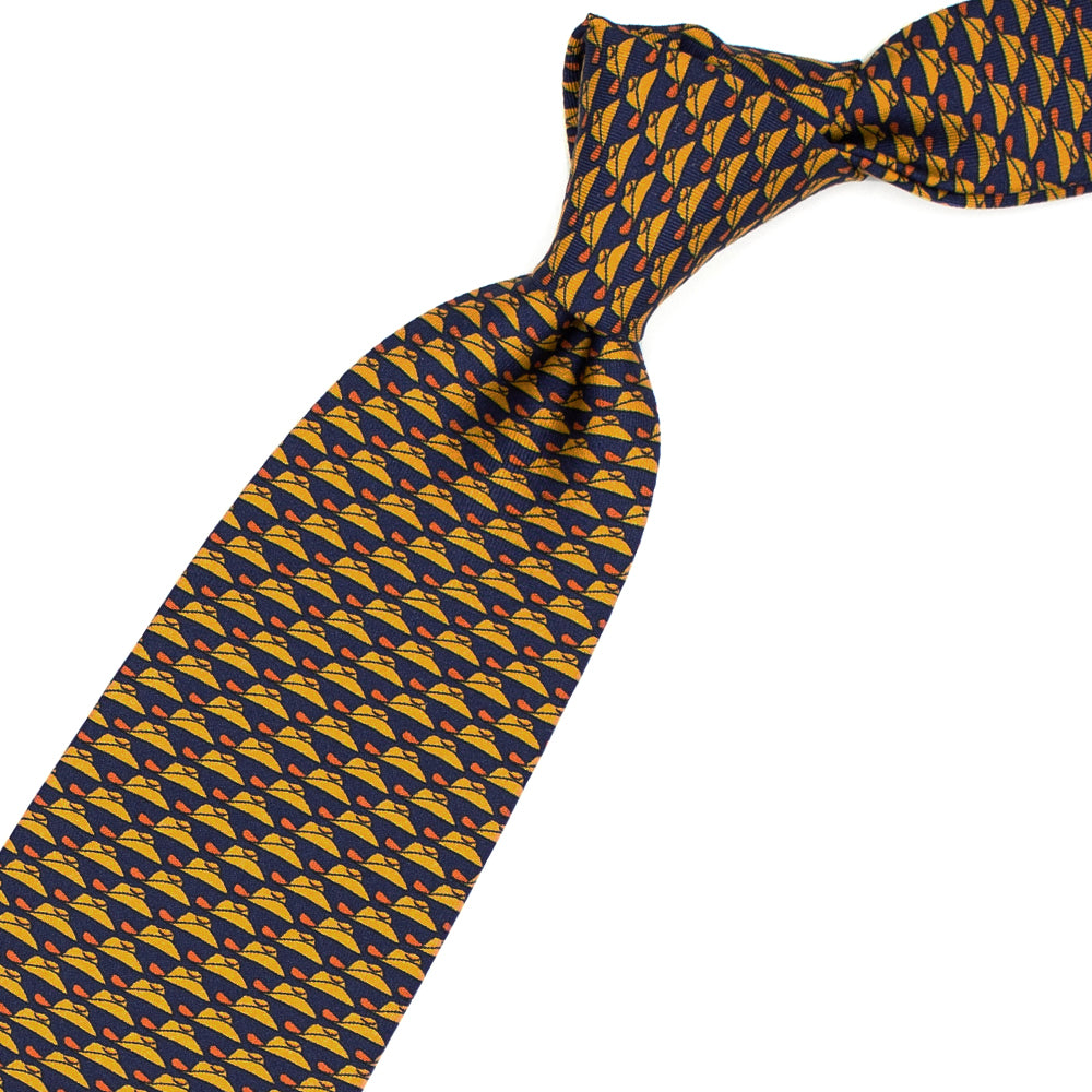 Blue tie with mustard hats