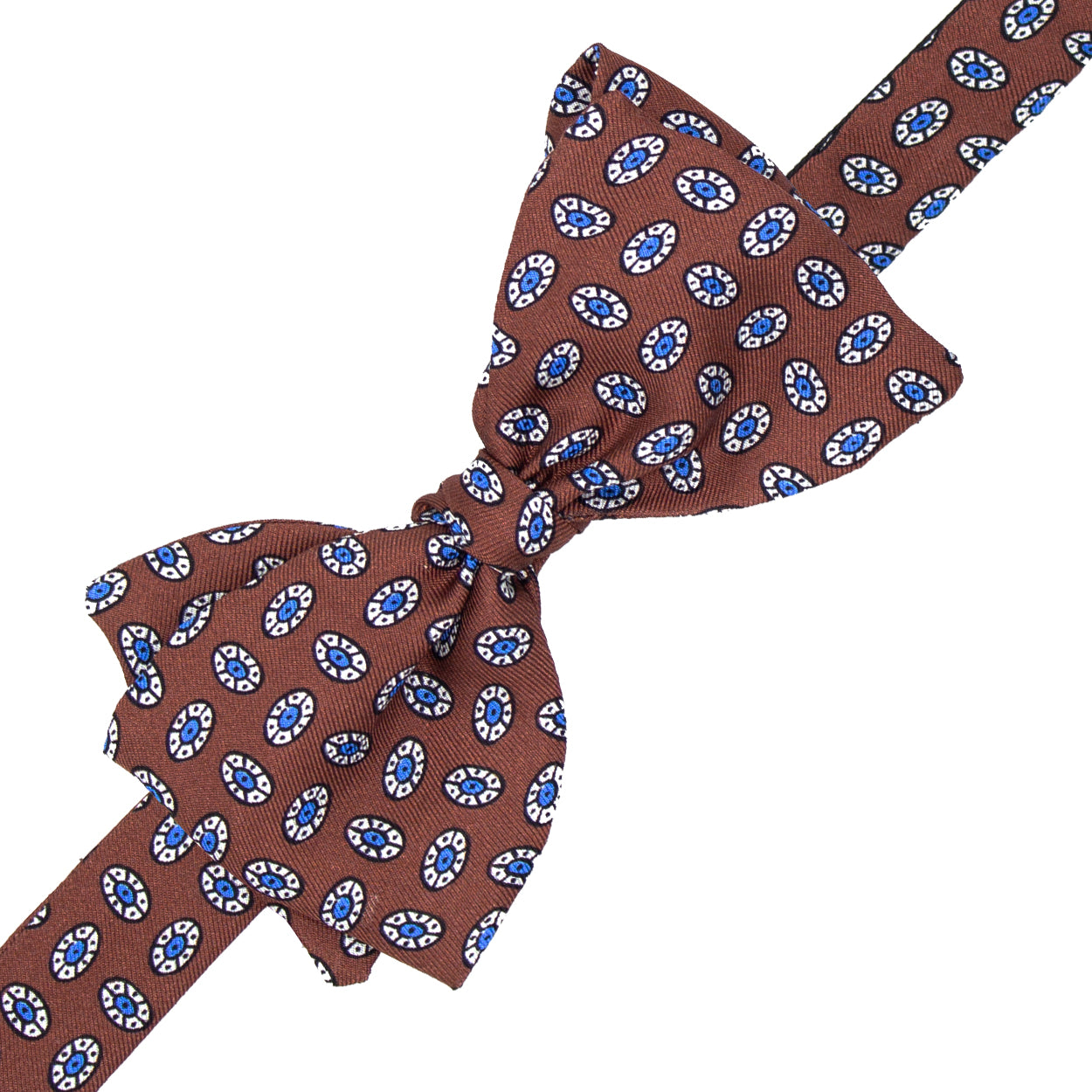 Brown bow tie with white, light blue and black dots pattern