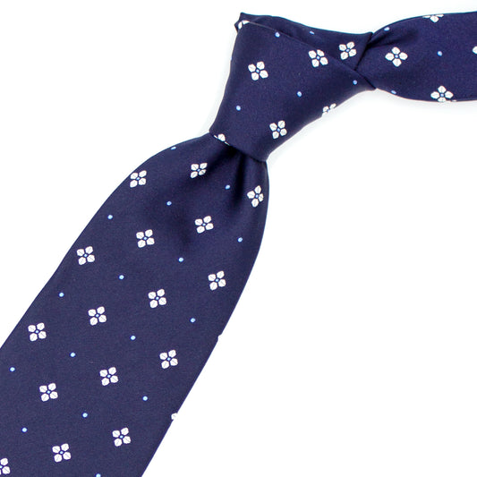 Blue tie with white flowers and blue dots