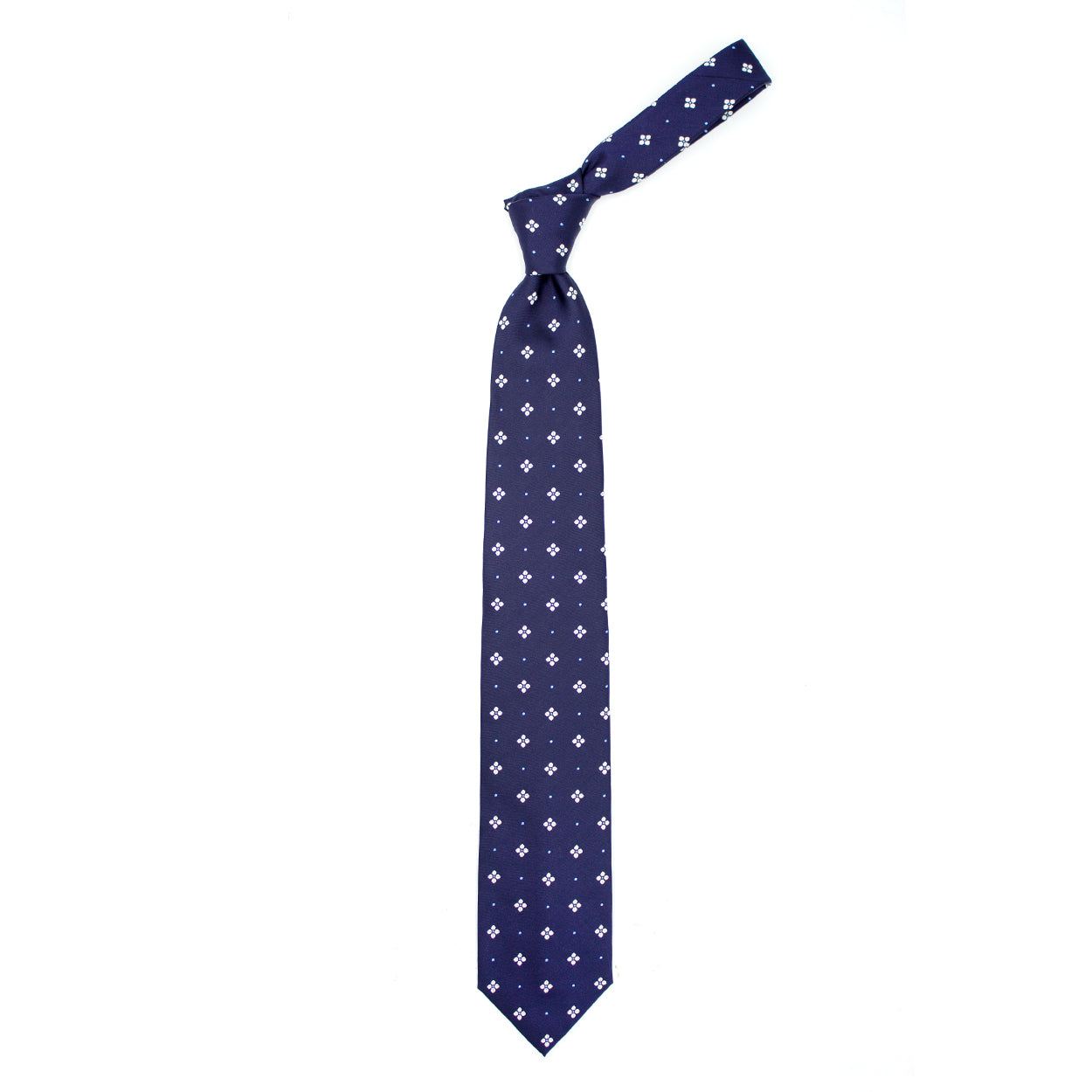 Blue tie with white flowers and blue dots