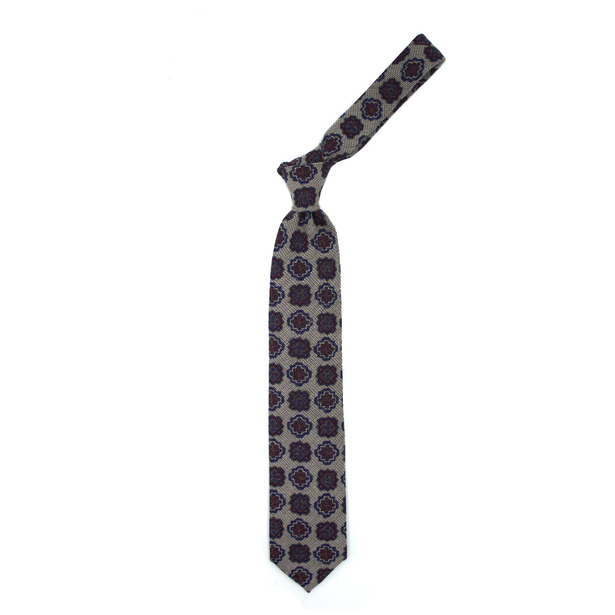 Beige tie with blue and burgundy medallions