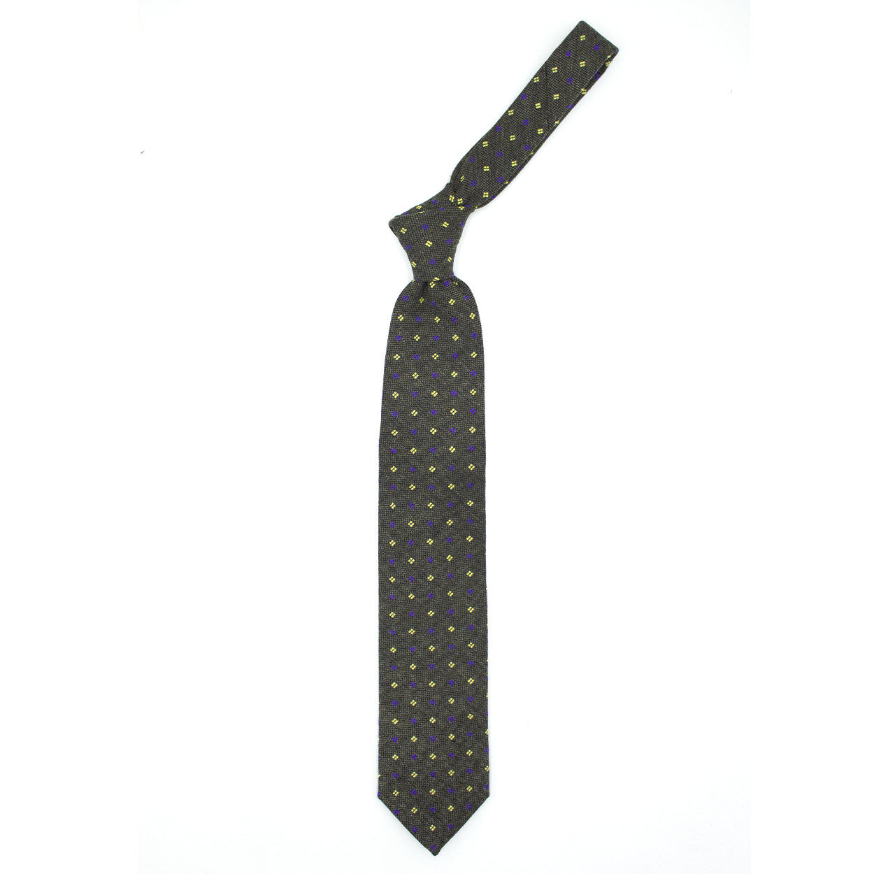 Moss green tie with purple and yellow squares