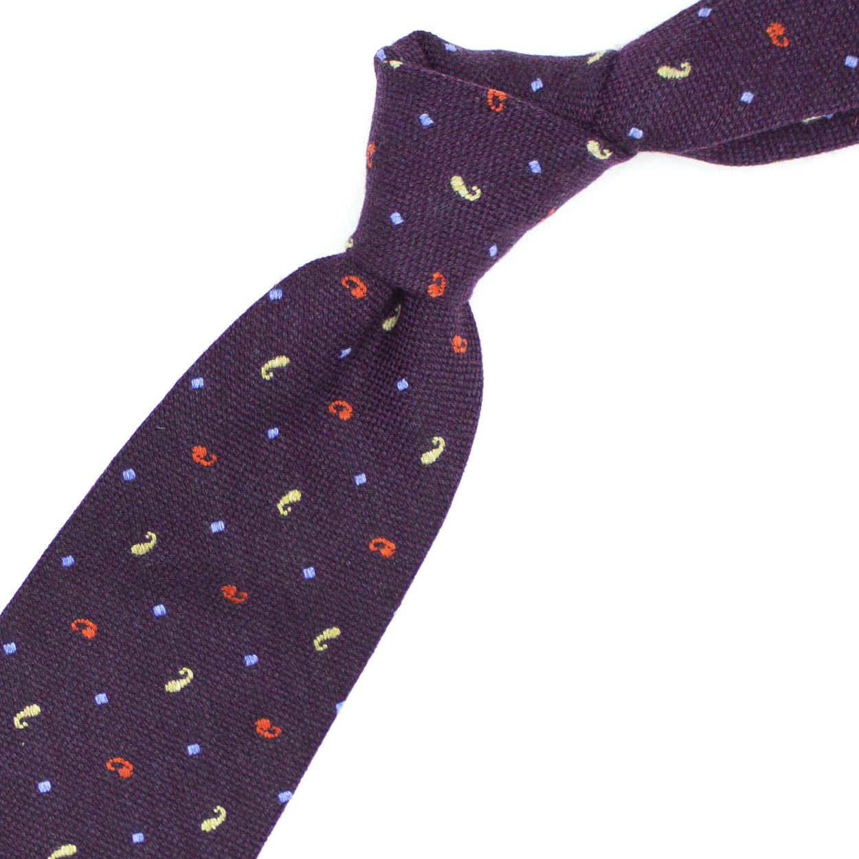 Bordeaux tie with orange and yellow paisleys and blue squares