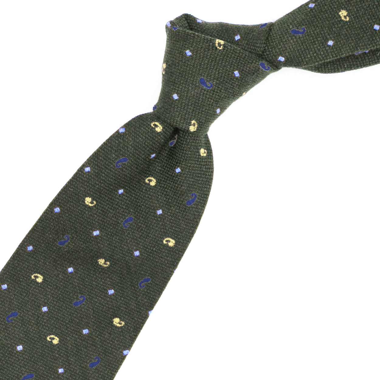 Moss green tie with yellow and purple paisleys and blue squares