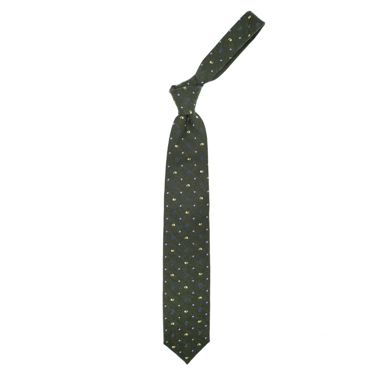 Moss green tie with yellow and purple paisleys and blue squares