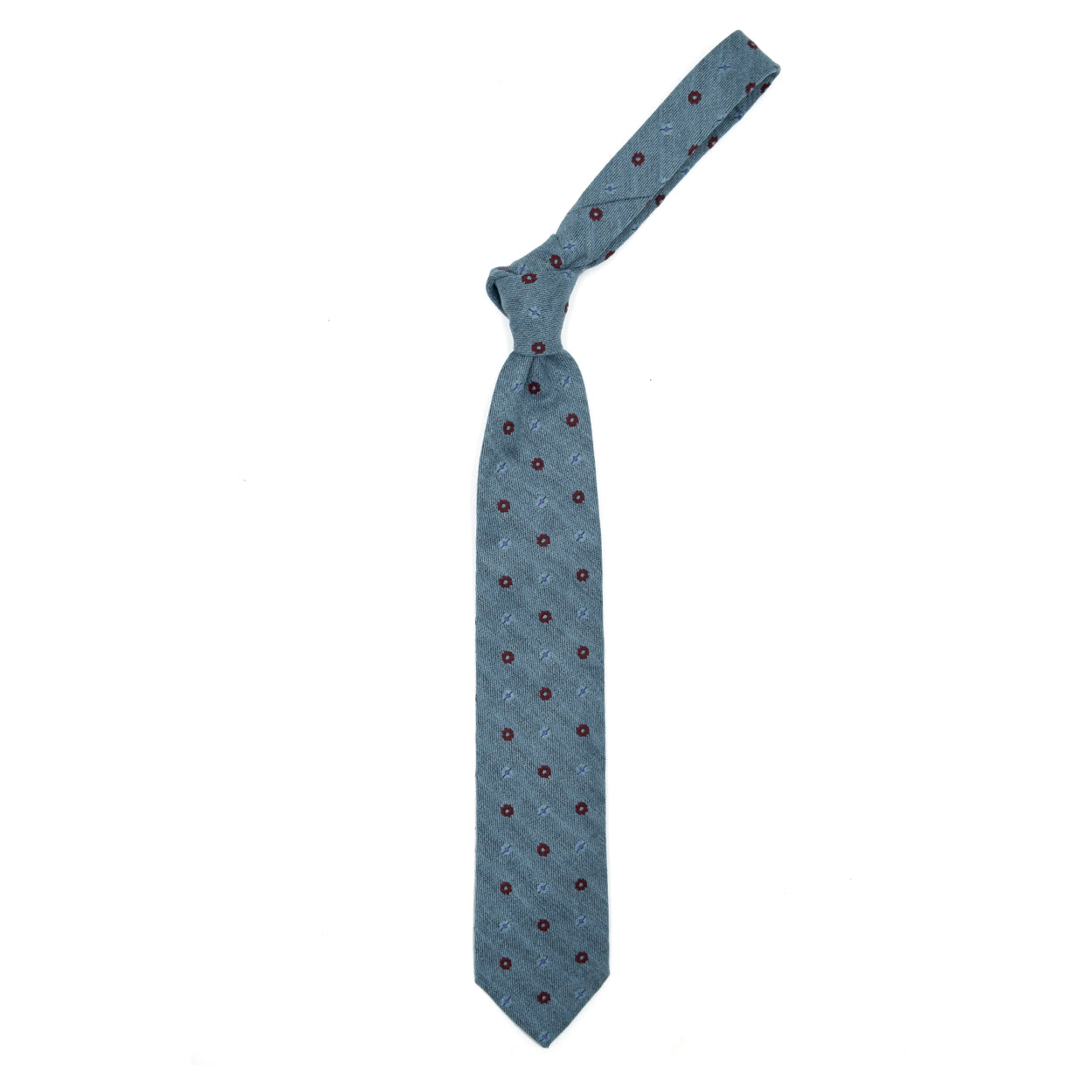 Light blue tie with blue and red flowers and purple dots