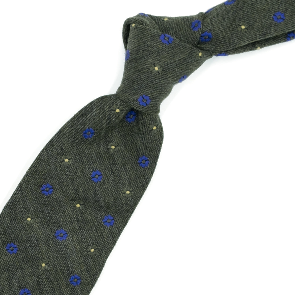 Moss green tie with green and blue flowers and yellow dots