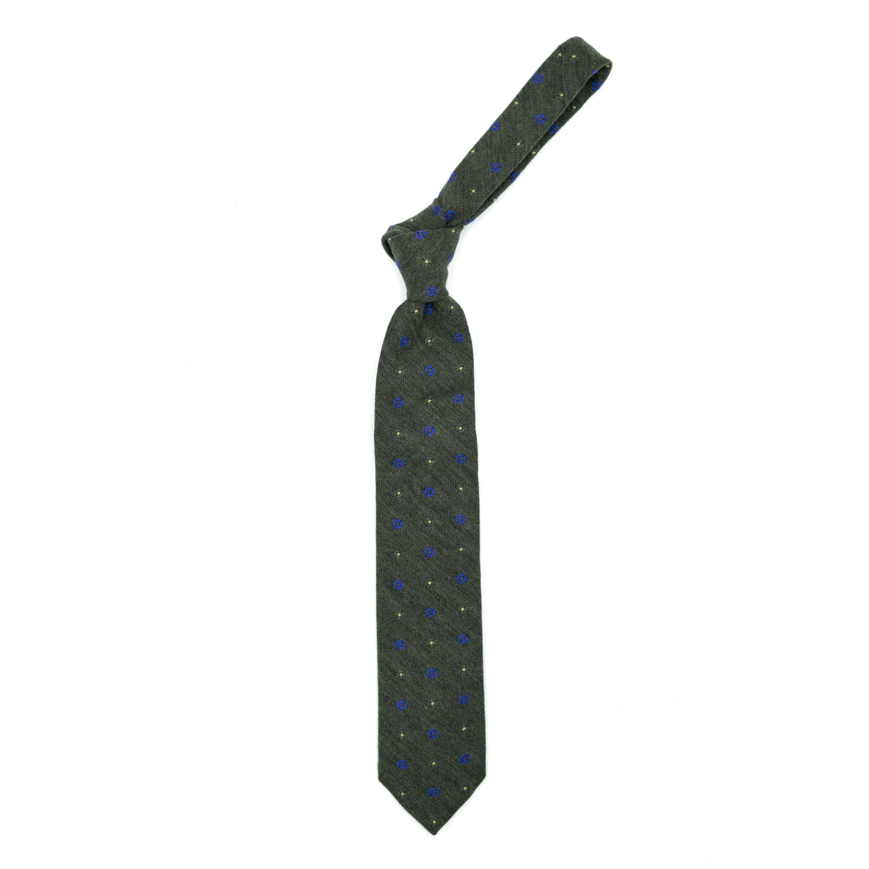 Moss green tie with green and blue flowers and yellow dots