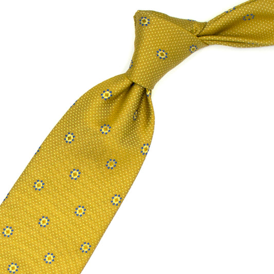 Yellow tie with yellow and light blue geometric pattern