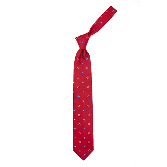 Red tie with light blue and white geometric pattern