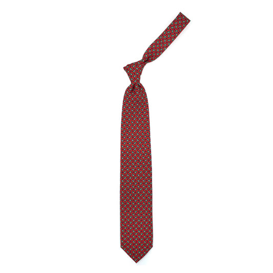 Red tie with green, white and red paisleys and light blue and blue dots