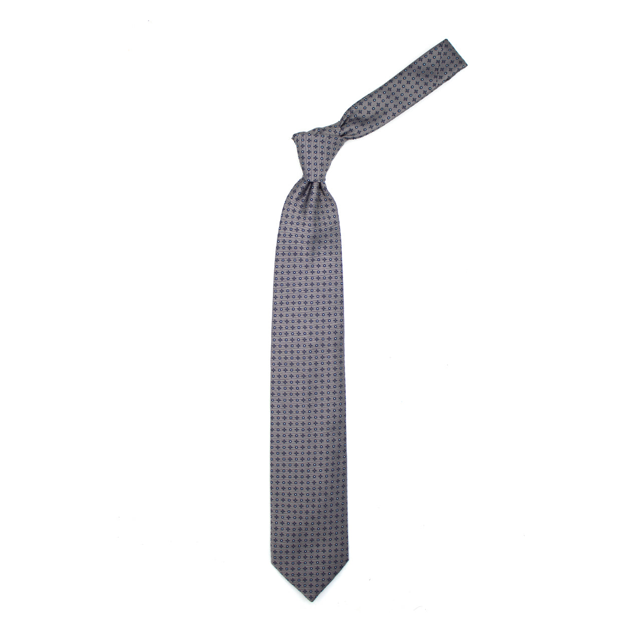 Grey tie with blue diamonds and circles and blue dots