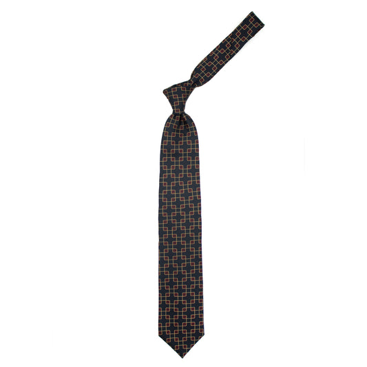 Grey tie with burgundy and beige geometric pattern
