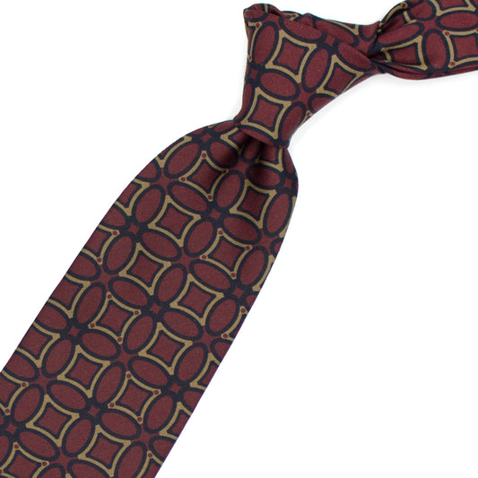 Bordeaux tie with beige and blue geometric pattern