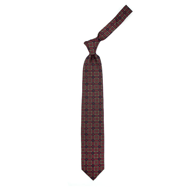 Bordeaux tie with beige and blue geometric pattern