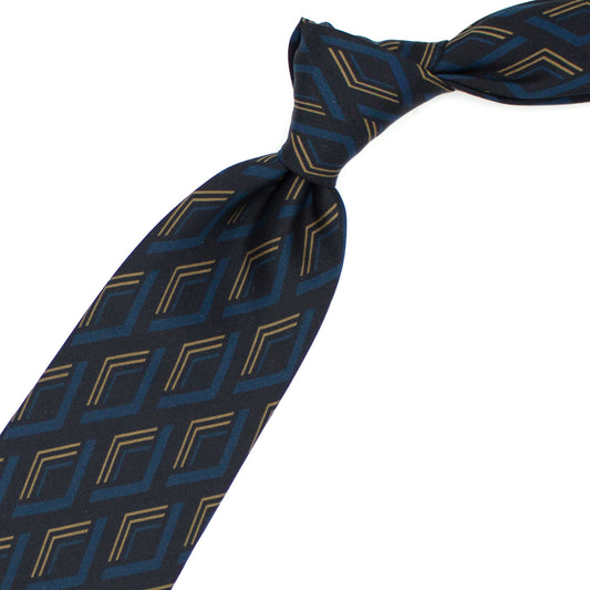Black tie with petrol blue and beige geometric pattern