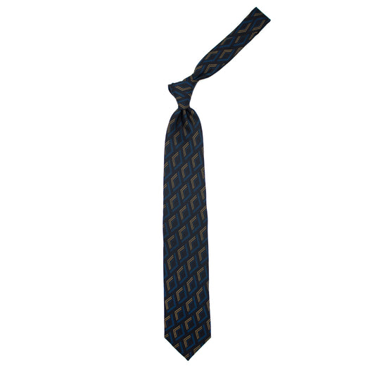 Black tie with petrol blue and beige geometric pattern