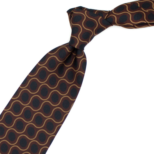 Brown tie with beige and blue pattern