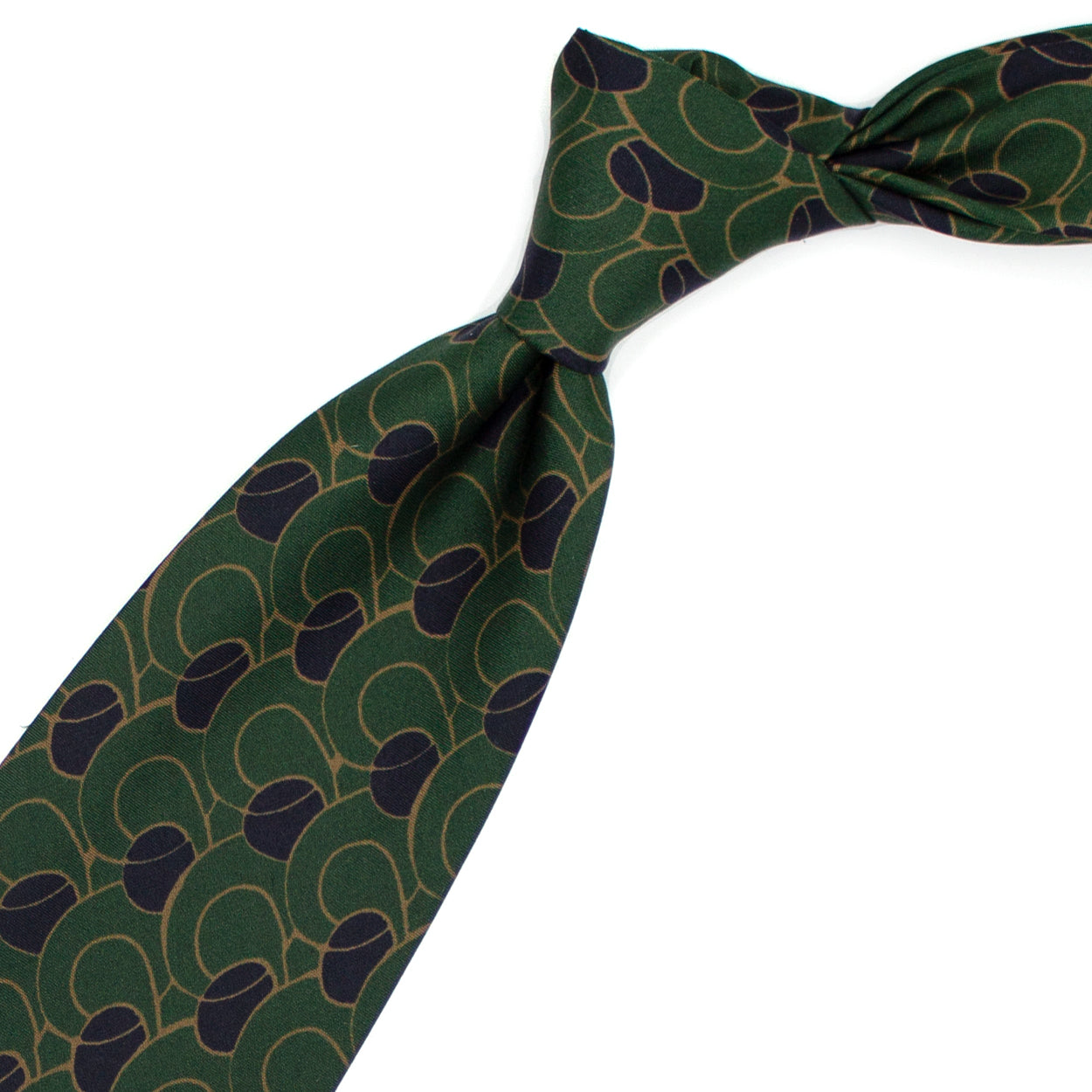 Green tie with blue and mustard pattern
