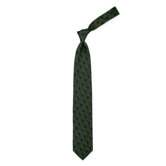 Green tie with blue and mustard pattern