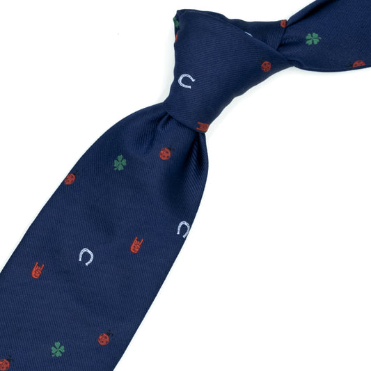 Blue tie with superstitious symbols
