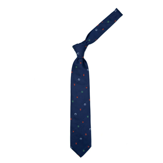 Blue tie with superstitious symbols